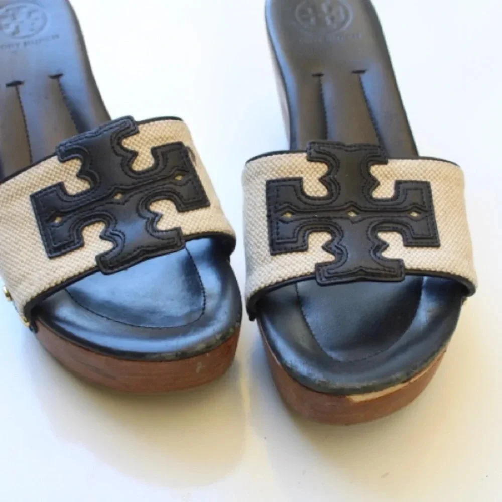 Tory Burch Black Leather and Beige Canvas Wedge Sandals
